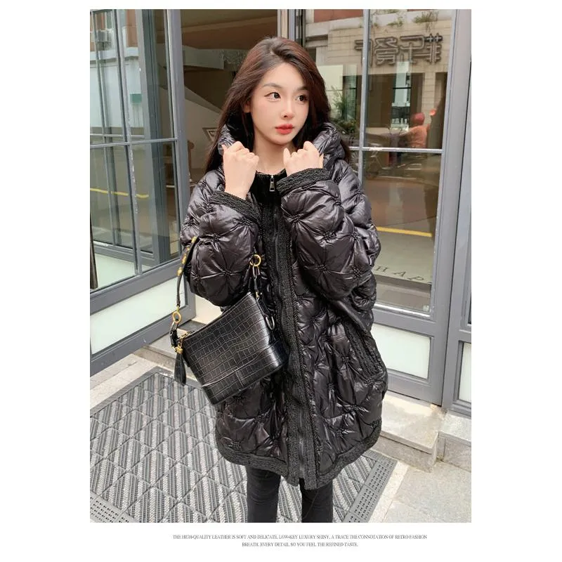 Quilted Loose Fit Thigh-Length Embroidery Thickened Puffer Jacket