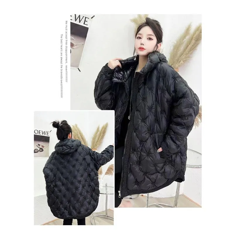 Quilted Loose Fit Thigh-Length Embroidery Thickened Puffer Jacket