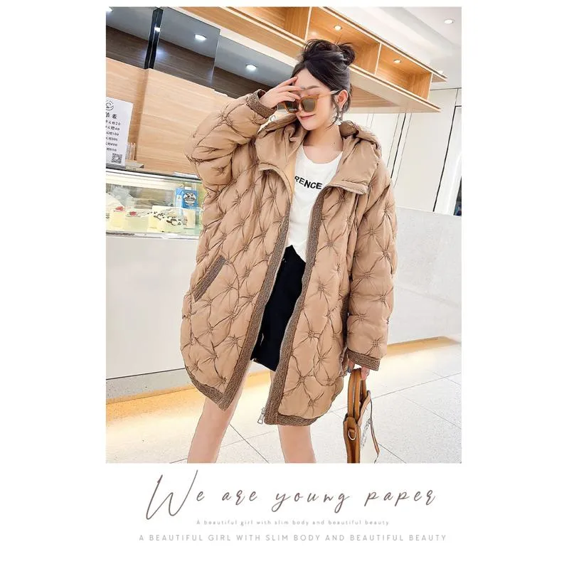 Quilted Loose Fit Thigh-Length Embroidery Thickened Puffer Jacket