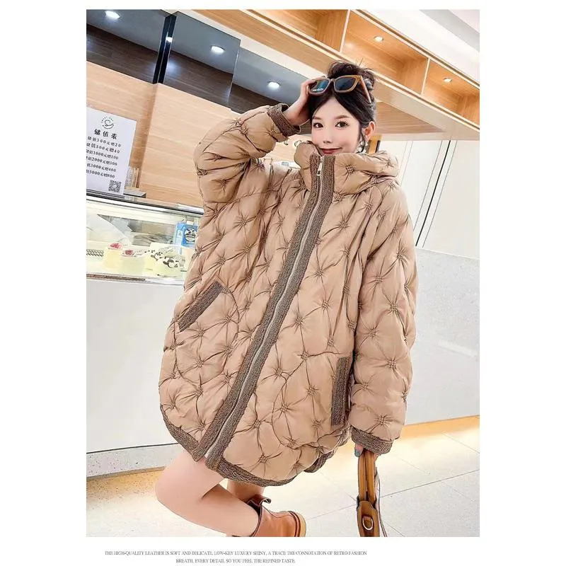 Quilted Loose Fit Thigh-Length Embroidery Thickened Puffer Jacket