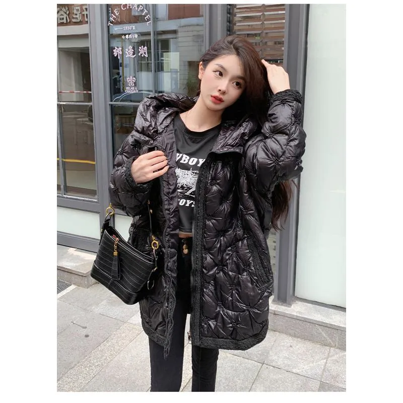 Quilted Loose Fit Thigh-Length Embroidery Thickened Puffer Jacket