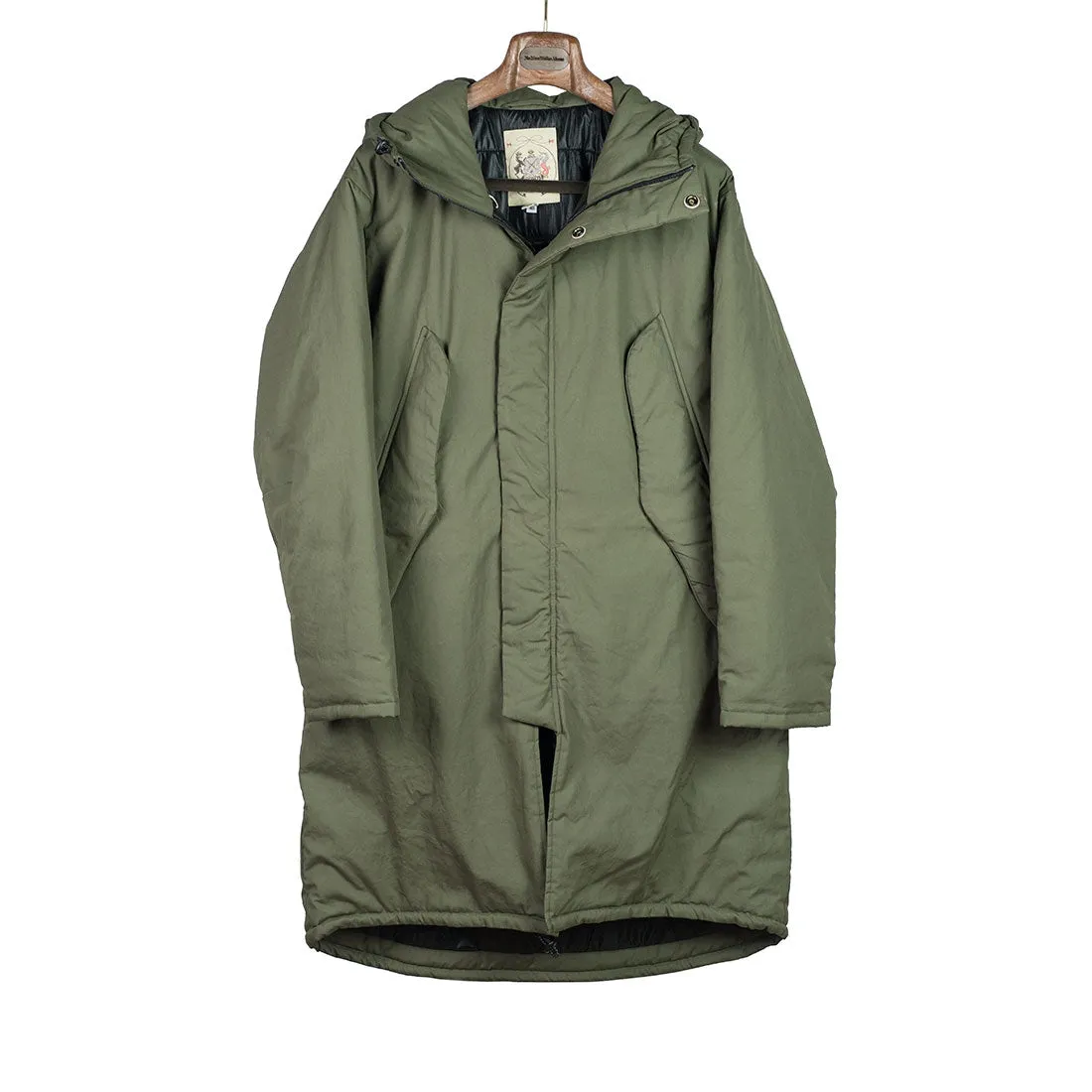 "Harry's Coat" parka in olive green water-resistant quilted Vancloth