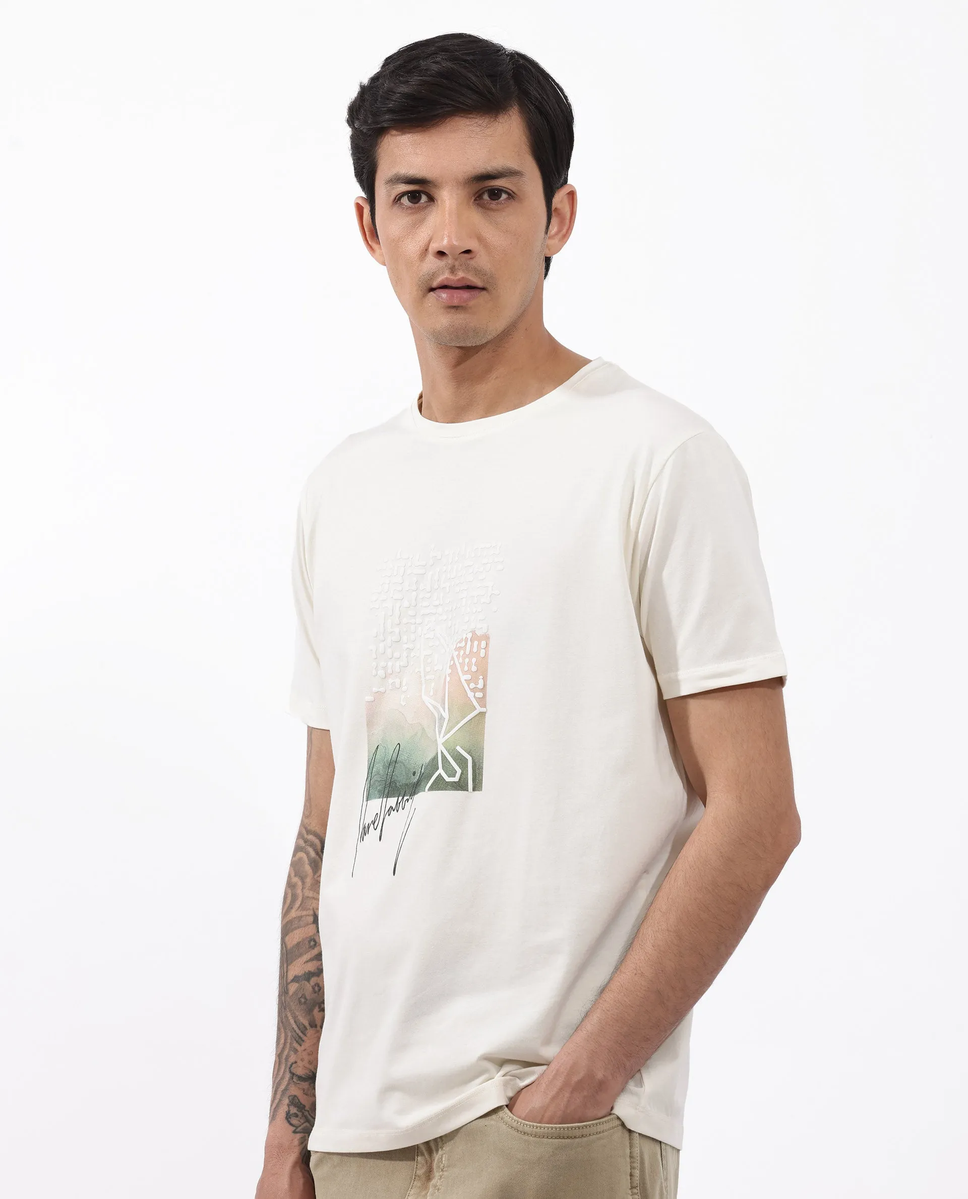 Rare Rabbit Articale Mens Oak Off White Cotton Polyester Fabric Short Sleeve Crew Neck Regular Fit Printed T-Shirt