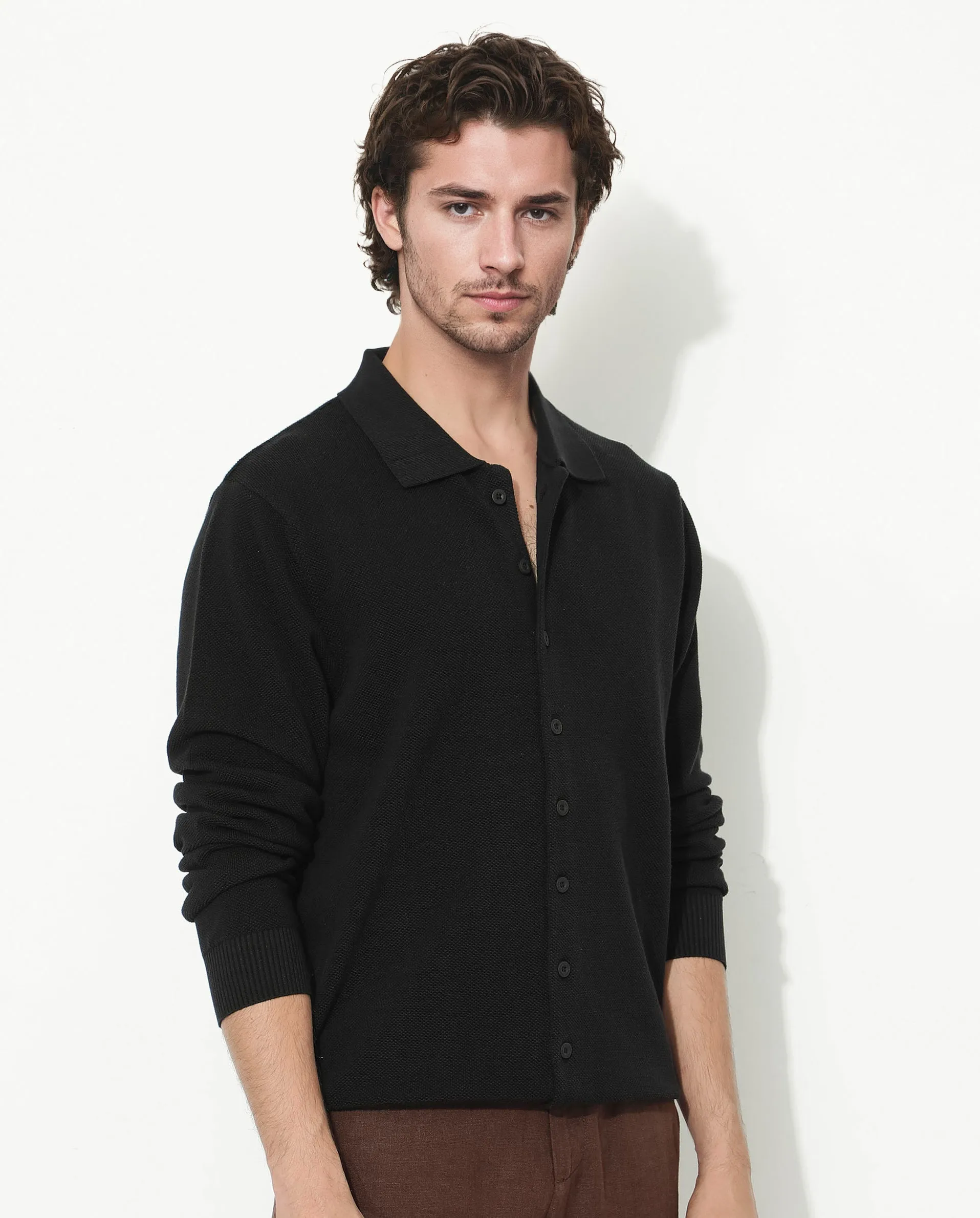 Rare Rabbit Men's Alias-N Black Cotton Fabric Full Sleeve Regular Collar Regular Fit Knitted Shirt