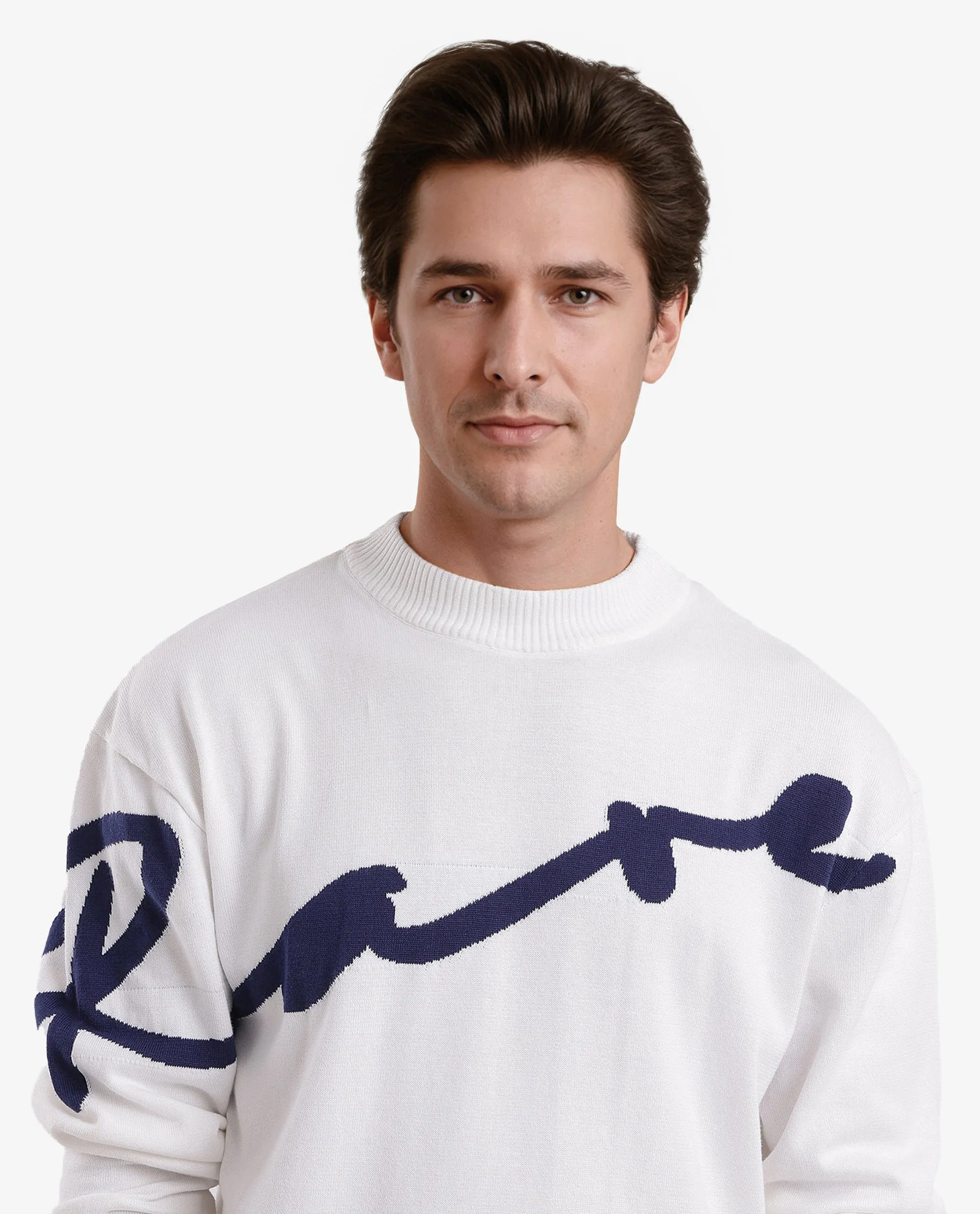 Rare Rabbit Men's Cyan Off White Full Sleeve Crew Neck Regular Fit Placement Print Branded Textured Sweater