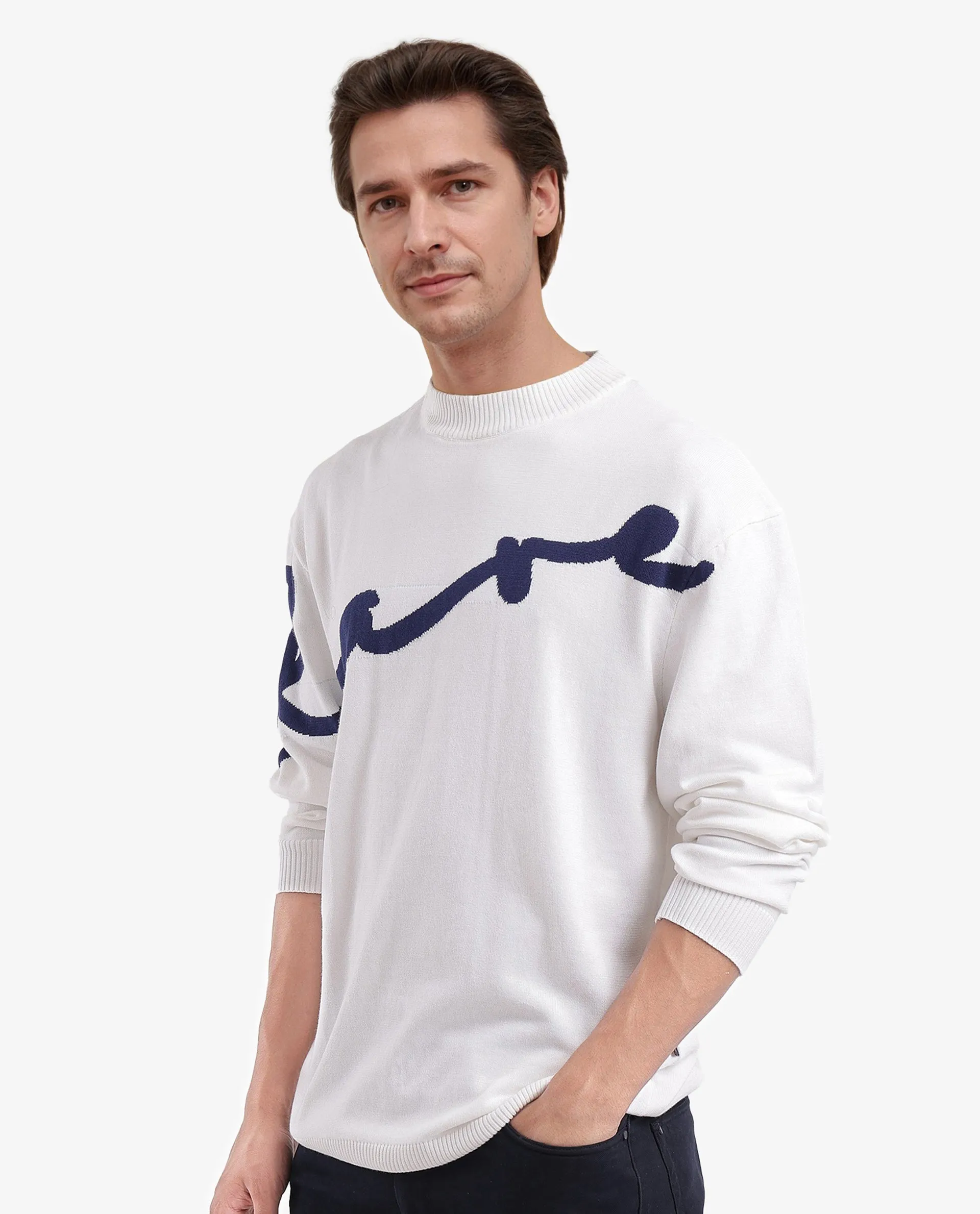 Rare Rabbit Men's Cyan Off White Full Sleeve Crew Neck Regular Fit Placement Print Branded Textured Sweater