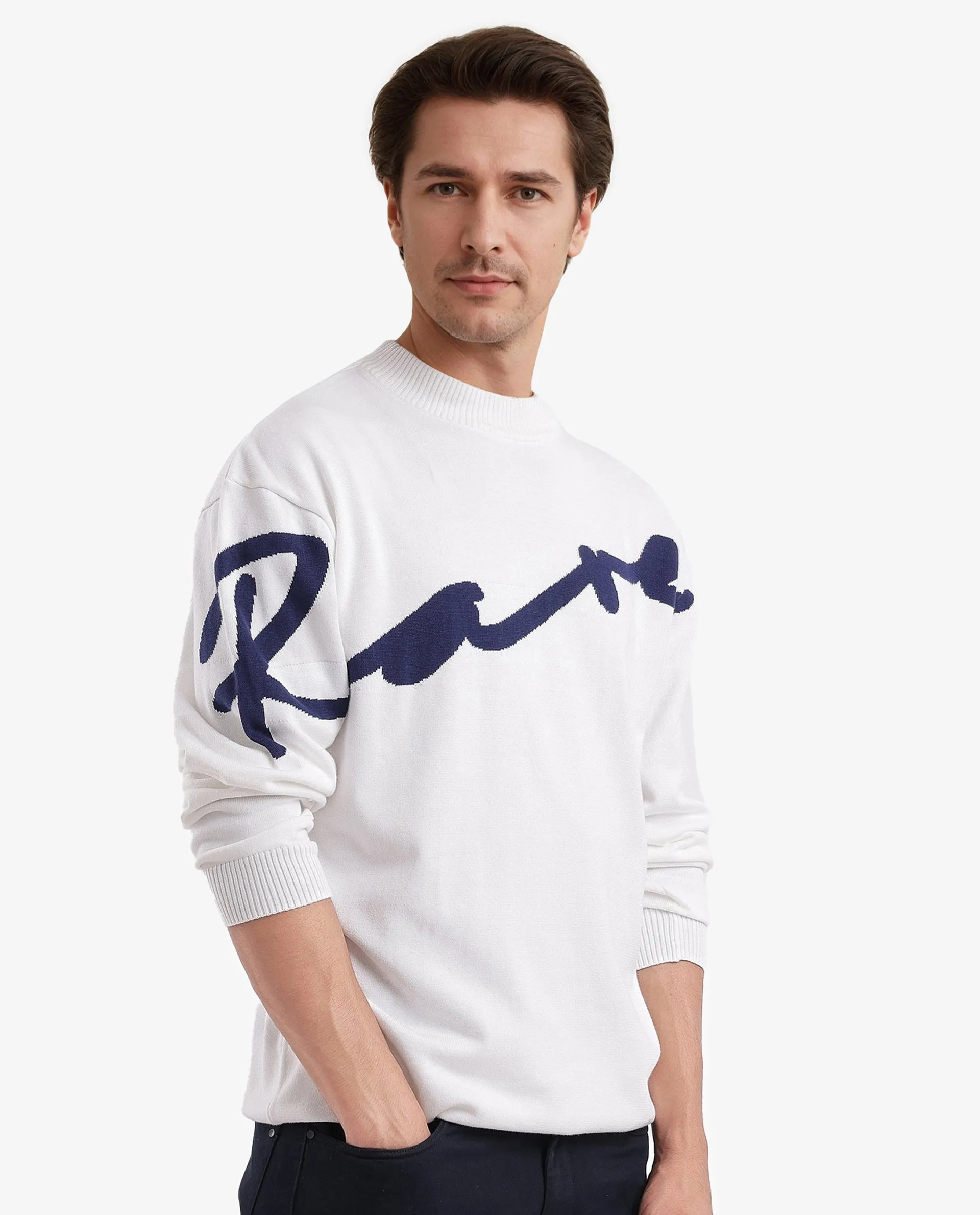 Rare Rabbit Men's Cyan Off White Full Sleeve Crew Neck Regular Fit Placement Print Branded Textured Sweater