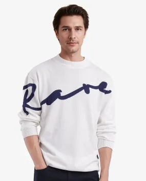 Rare Rabbit Men's Cyan Off White Full Sleeve Crew Neck Regular Fit Placement Print Branded Textured Sweater