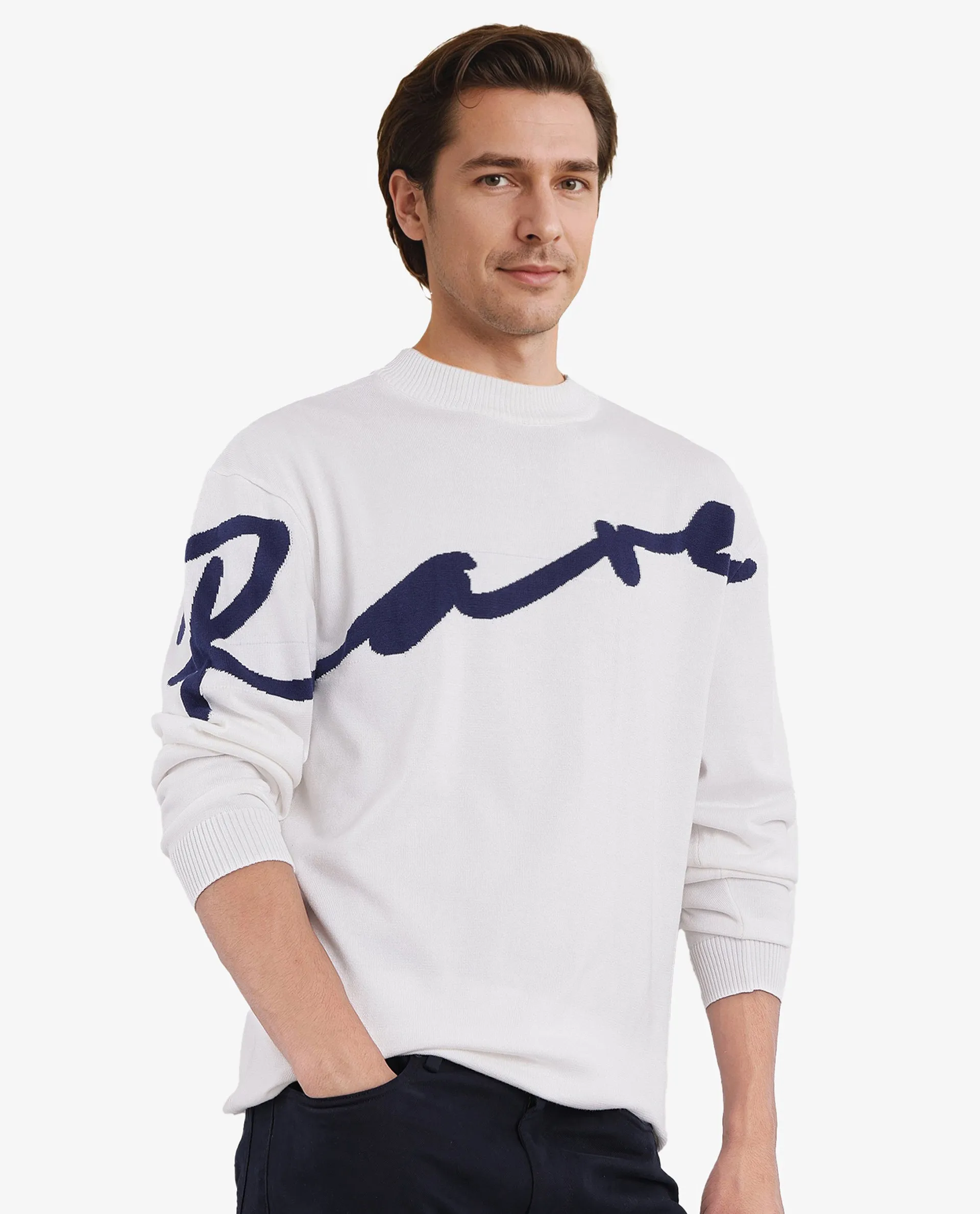 Rare Rabbit Men's Cyan Off White Full Sleeve Crew Neck Regular Fit Placement Print Branded Textured Sweater