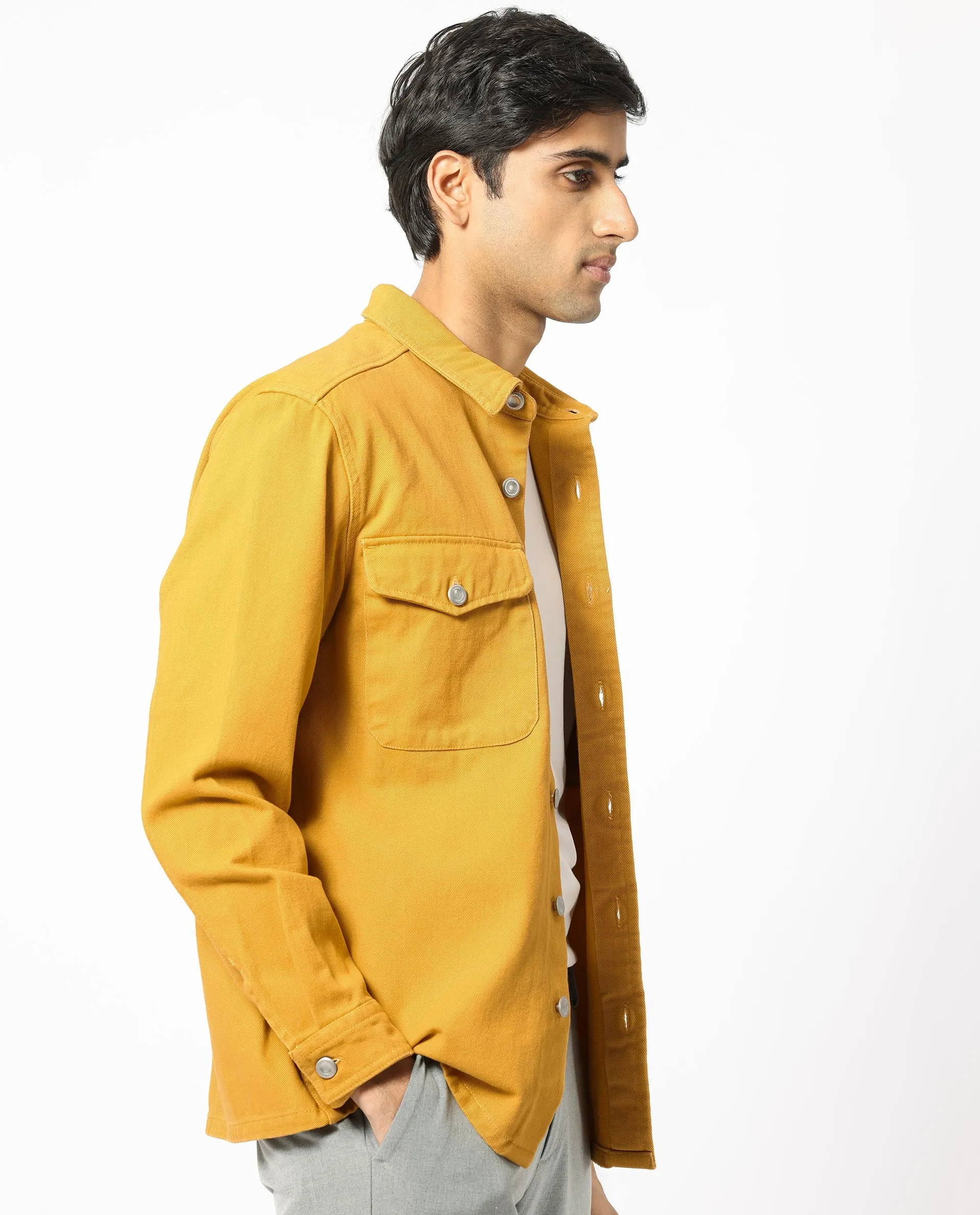 Rare Rabbit Men's Feld Mustard Cotton Fabric Full Sleeve Button Closure Solid Twill Shacket