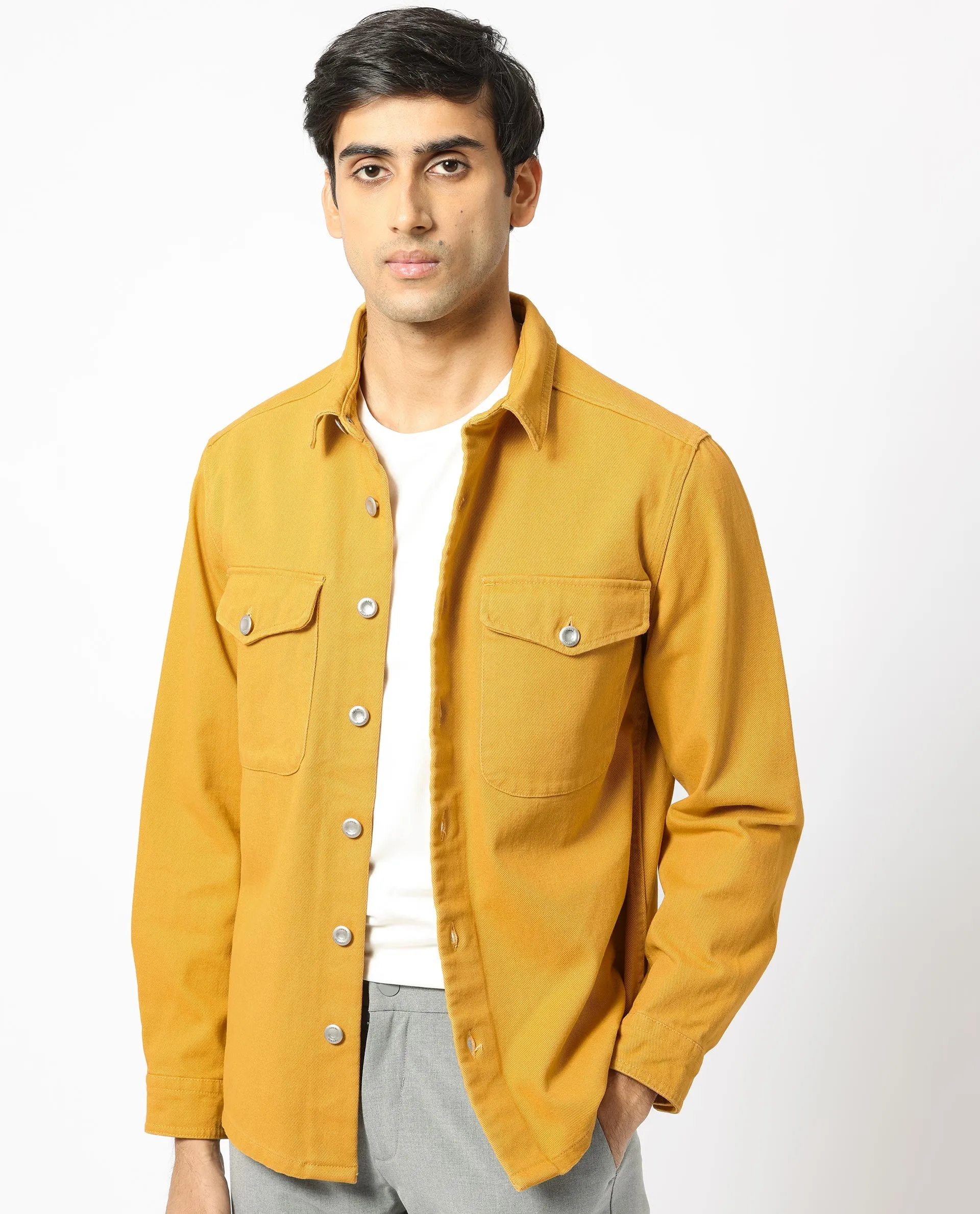 Rare Rabbit Men's Feld Mustard Cotton Fabric Full Sleeve Button Closure Solid Twill Shacket