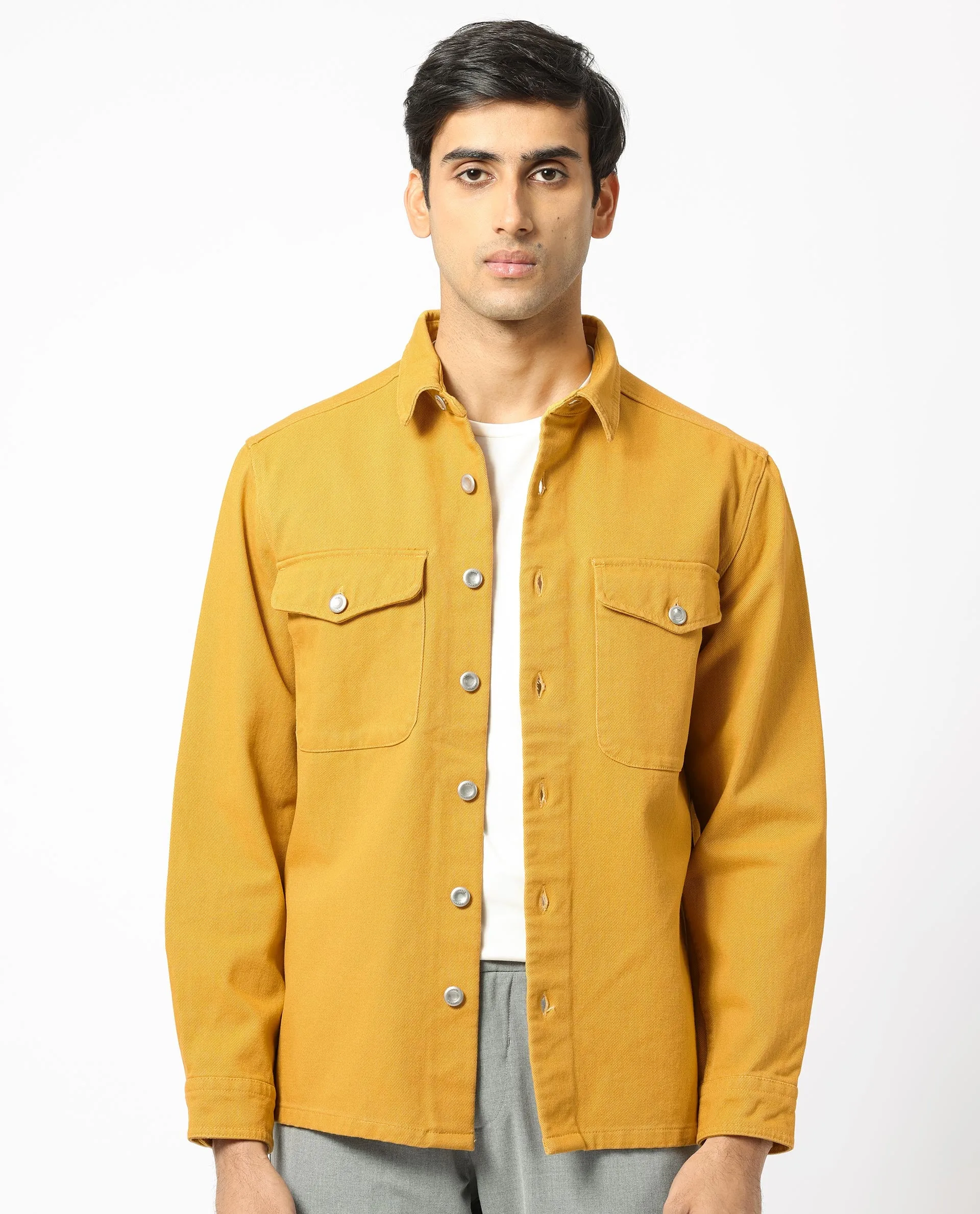 Rare Rabbit Men's Feld Mustard Cotton Fabric Full Sleeve Button Closure Solid Twill Shacket