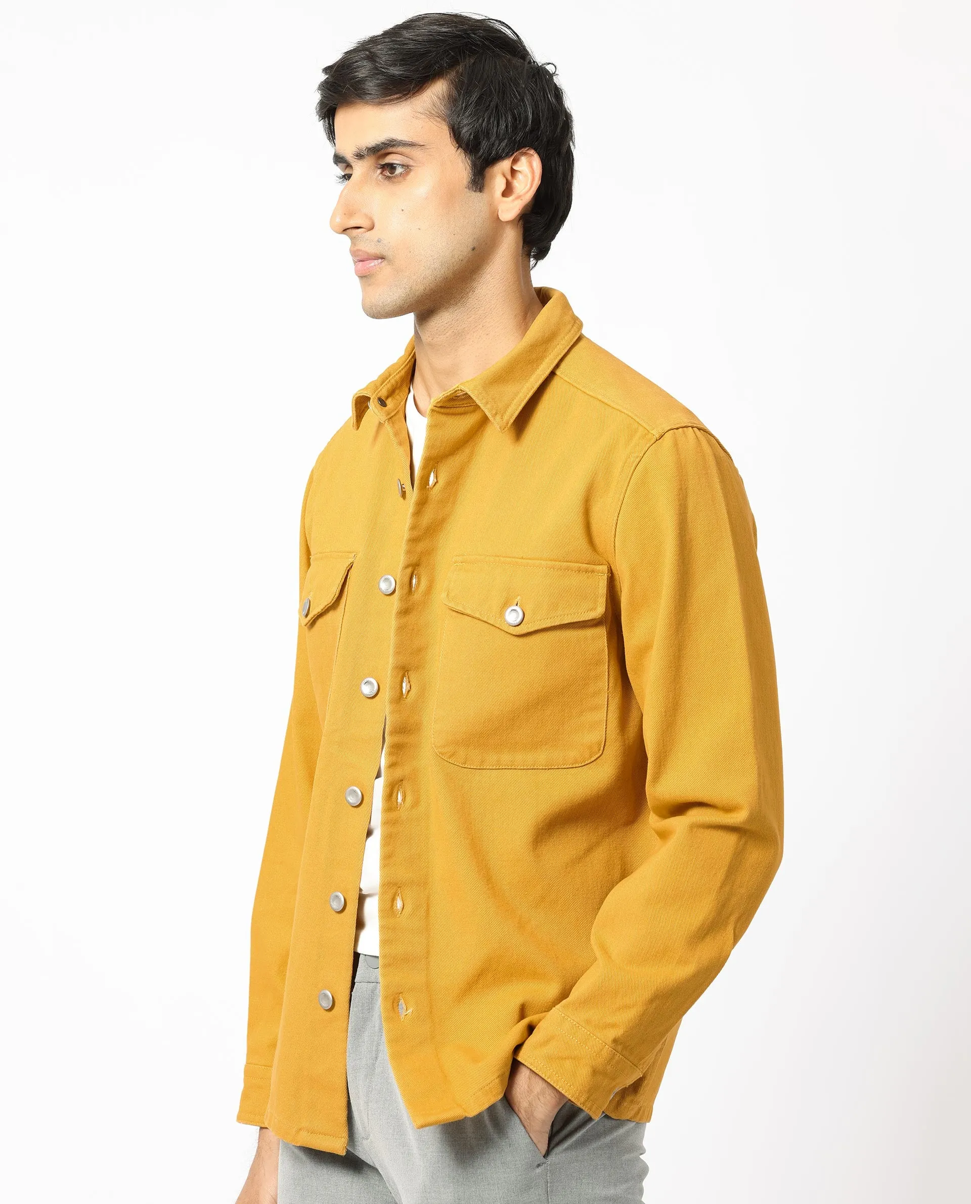 Rare Rabbit Men's Feld Mustard Cotton Fabric Full Sleeve Button Closure Solid Twill Shacket