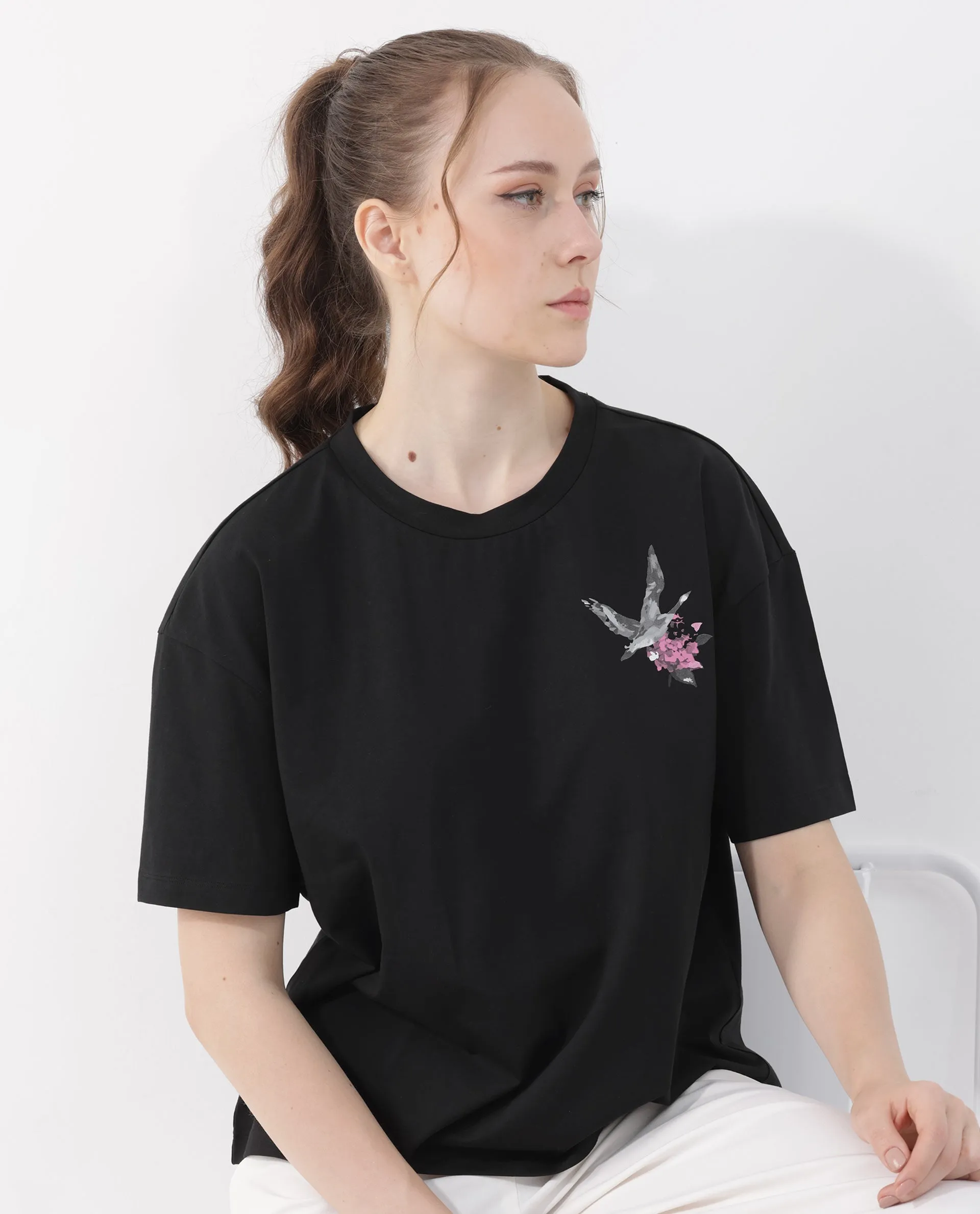 Rareism Women Birdy Black Cotton Elastane Fabric Crew Neck Knit Solid T-Shirt