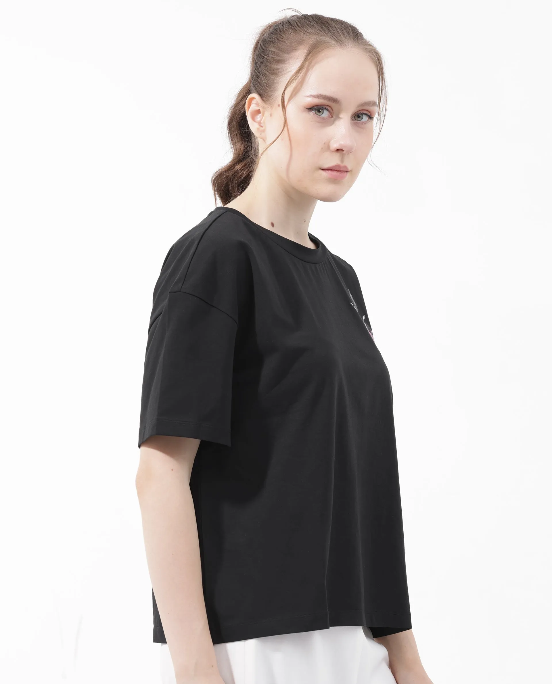 Rareism Women Birdy Black Cotton Elastane Fabric Crew Neck Knit Solid T-Shirt