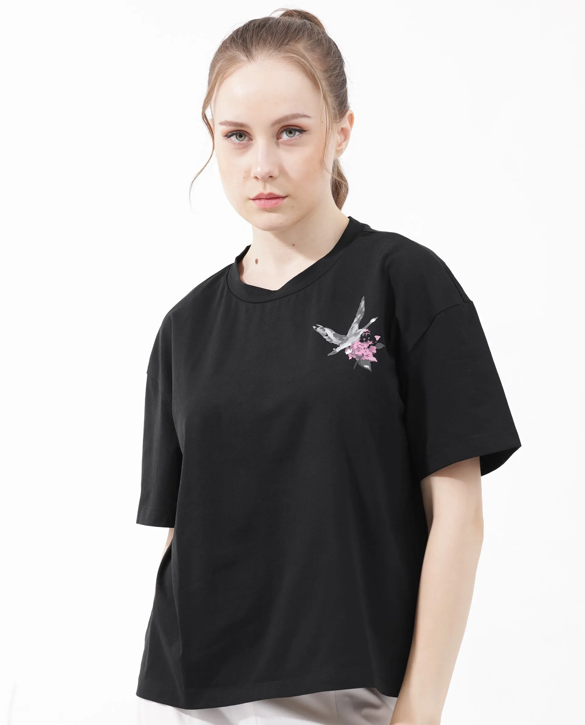 Rareism Women Birdy Black Cotton Elastane Fabric Crew Neck Knit Solid T-Shirt