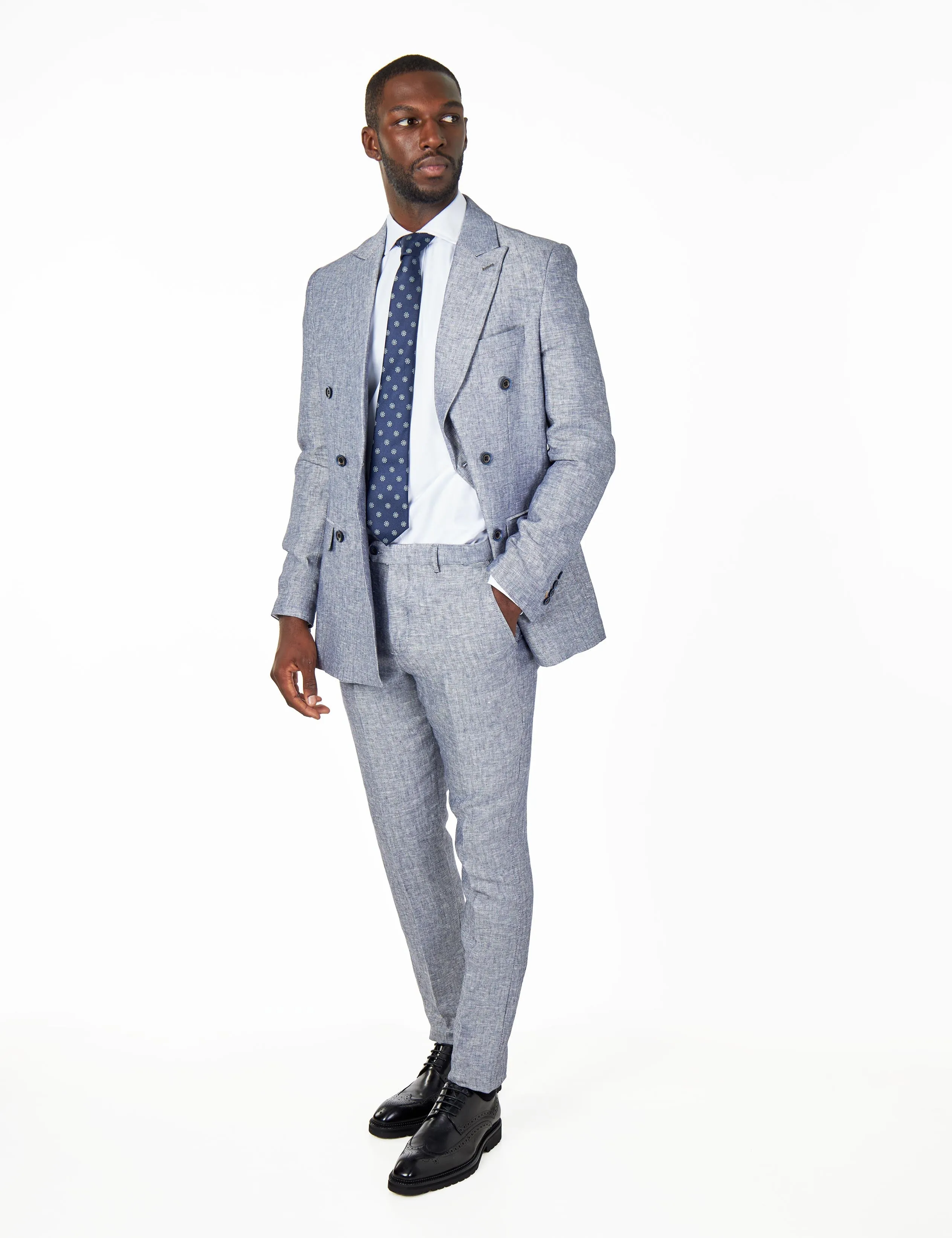 RAY – Grey Blue Tailored Fit Double Breasted Suit Herringbone Linen