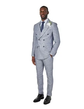 RAY – Grey Blue Tailored Fit Double Breasted Suit Herringbone Linen