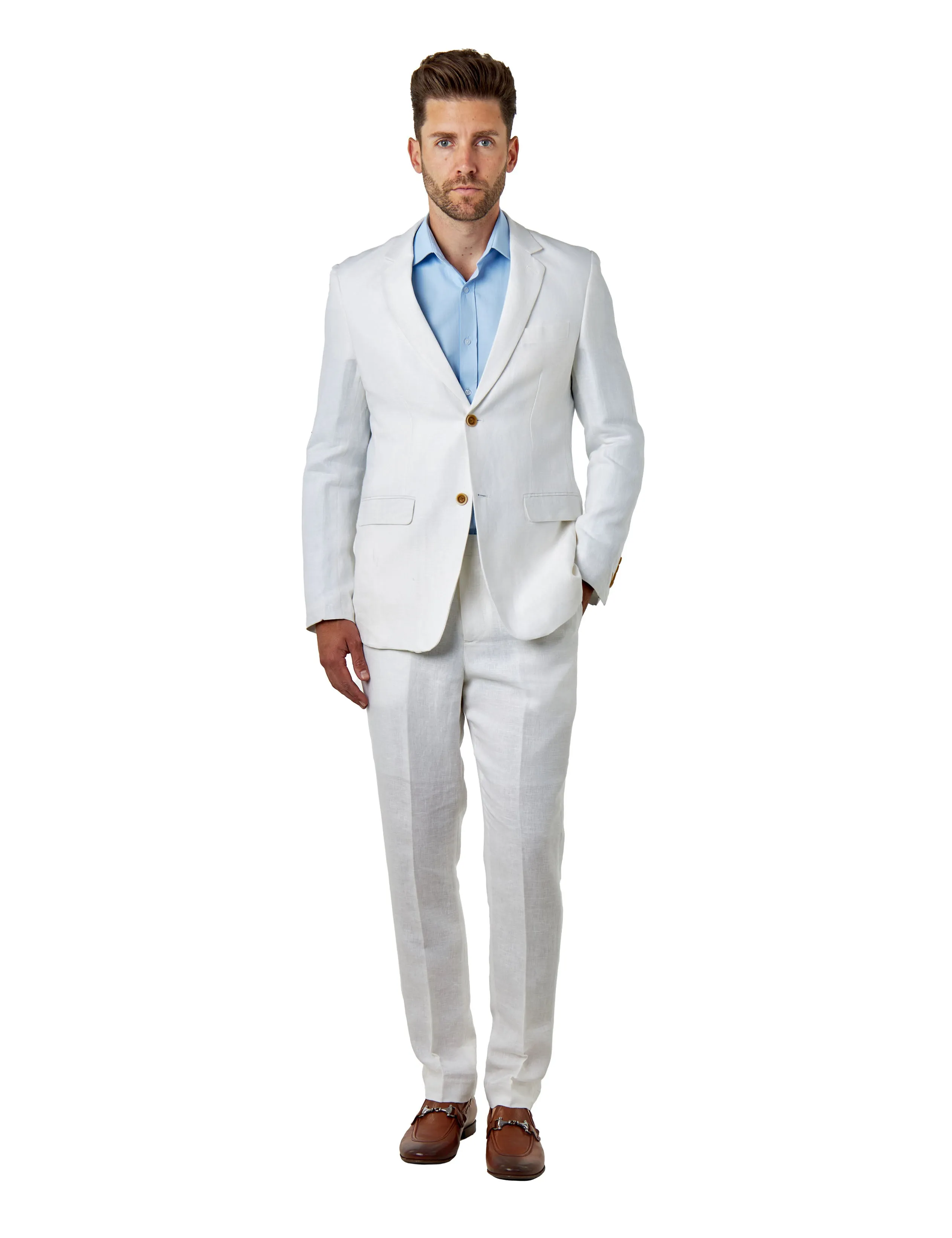 RAY - Tailored Fit Off White Herringbone Linen Suit Jacket