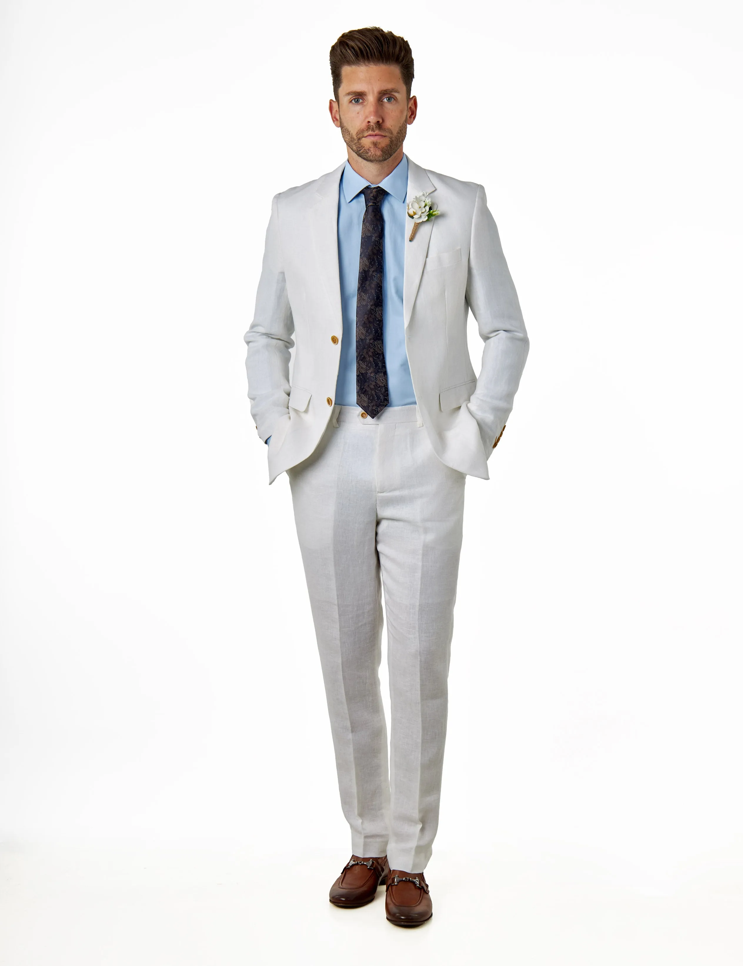 RAY - Tailored Fit Off White Herringbone Linen Suit Jacket