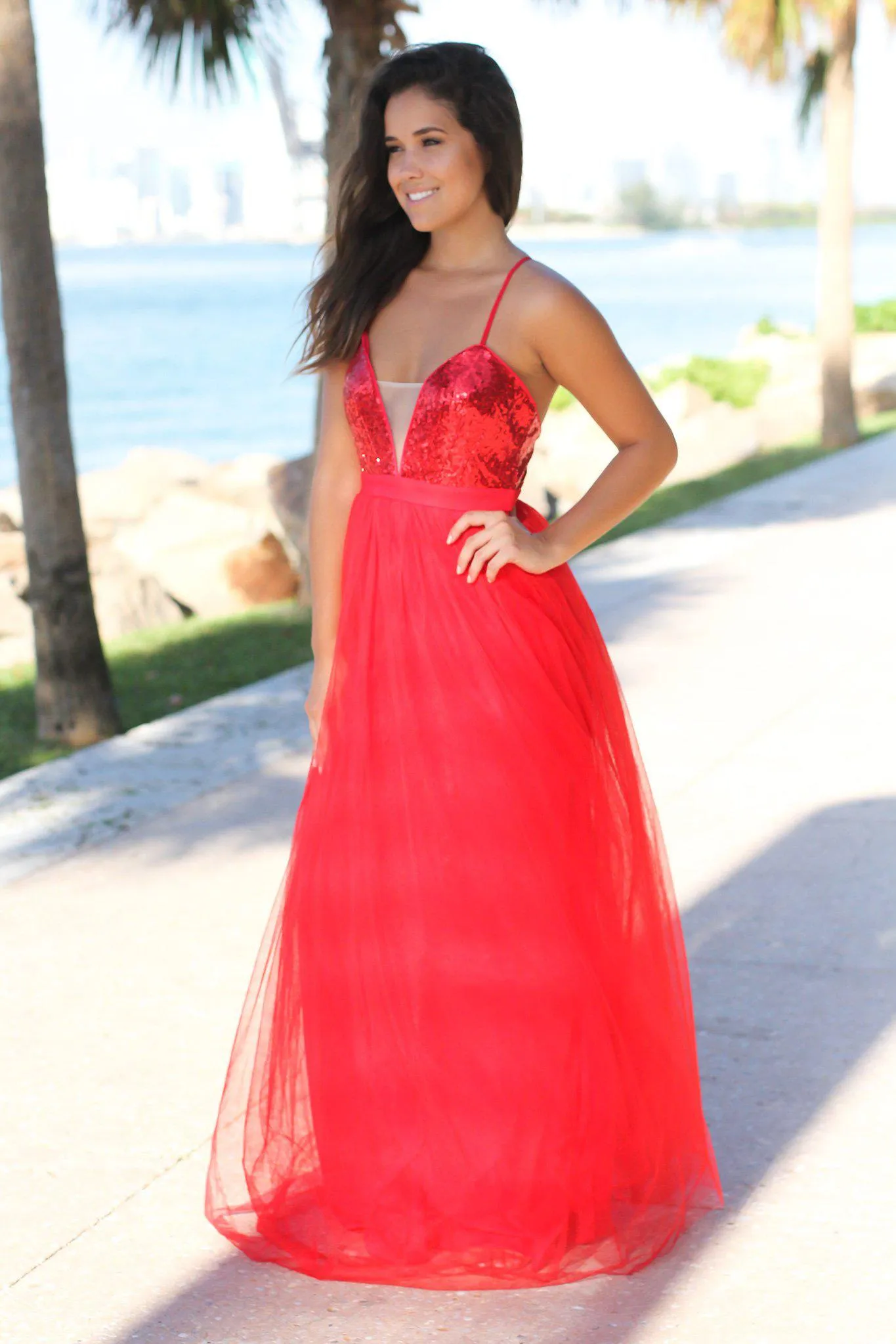 Red Sequin Maxi Dress with Tulle Skirt