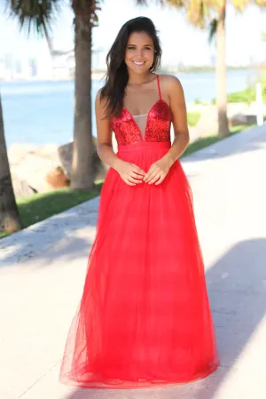 Red Sequin Maxi Dress with Tulle Skirt