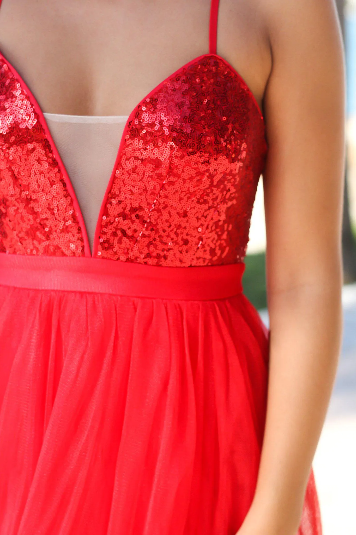 Red Sequin Maxi Dress with Tulle Skirt