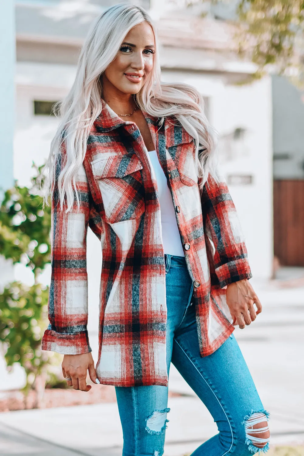 Red Turn down Neck Plaid Pocket Button Closure Coat