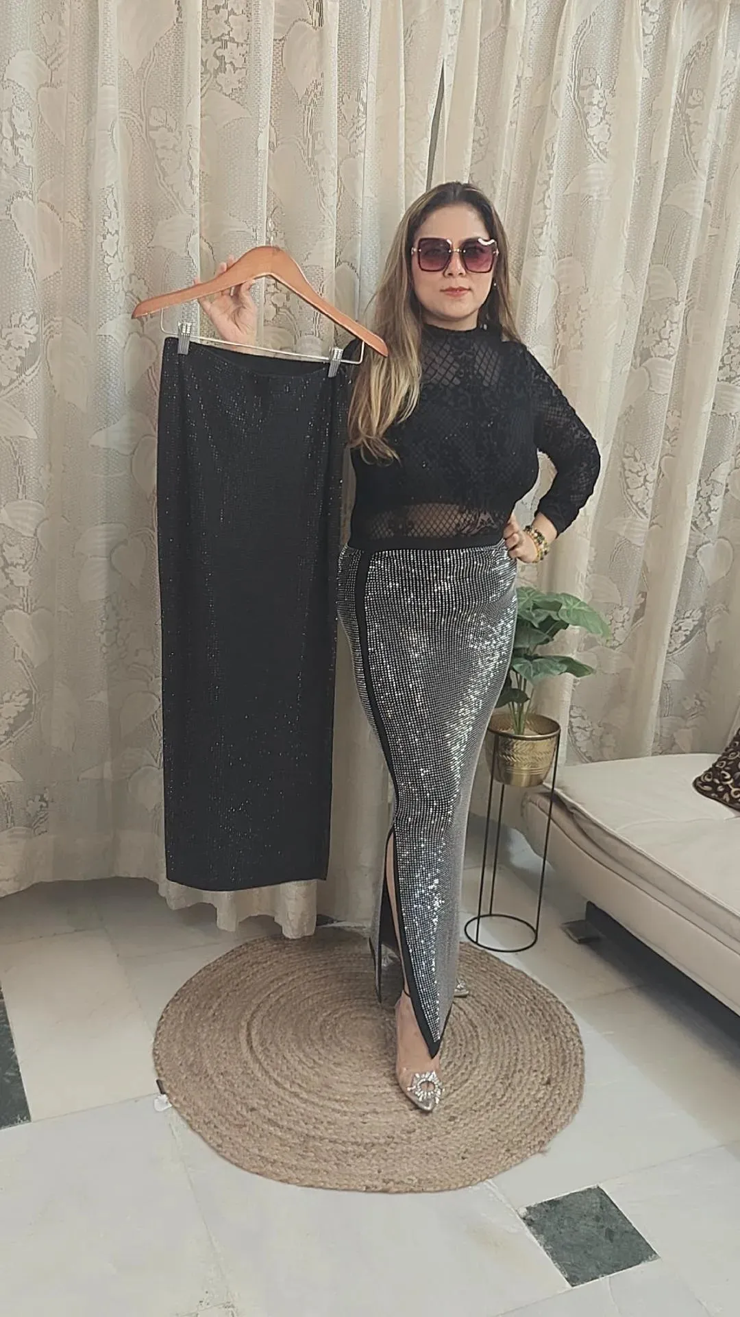 Rhinestone long side slit skirt