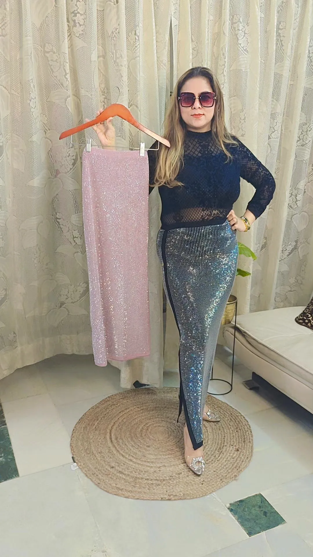 Rhinestone long side slit skirt