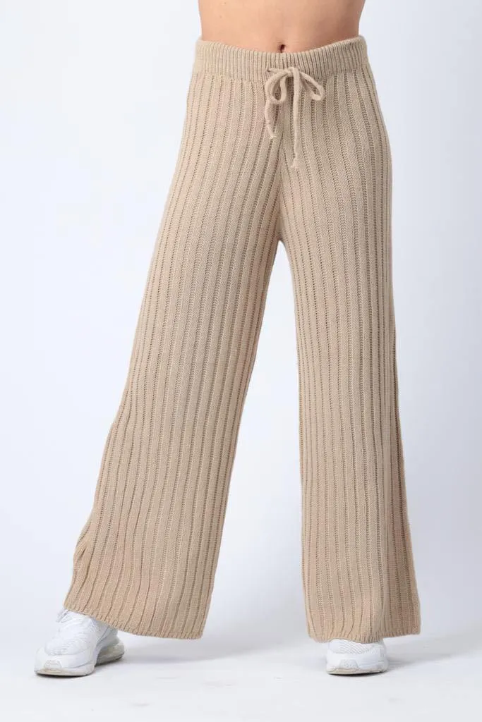 Ribbed Wide Leg Trousers in Beige