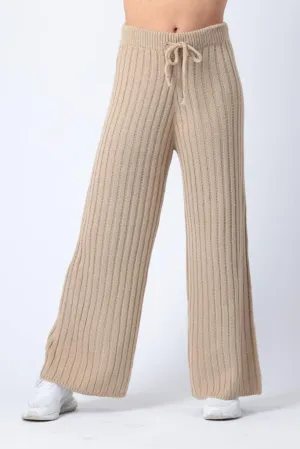 Ribbed Wide Leg Trousers in Beige