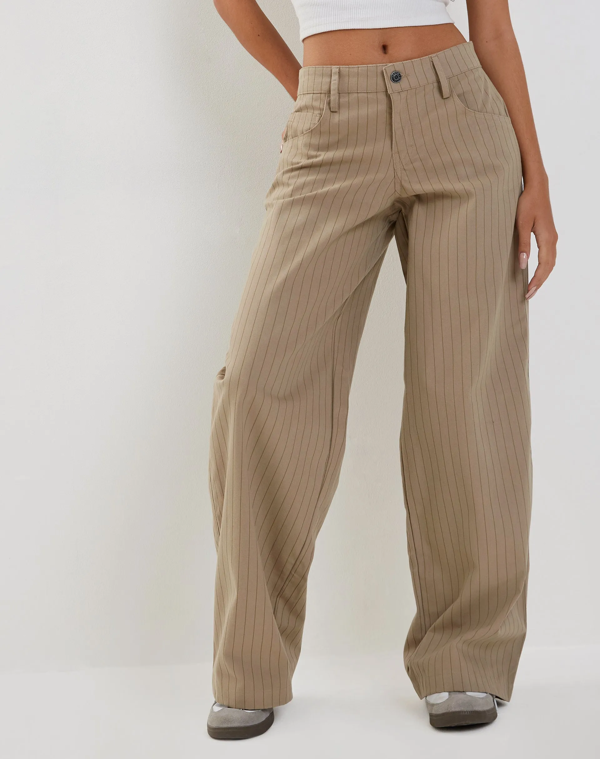 Roomy Low Rise Extra Wide Trousers in Pinstripe Stone