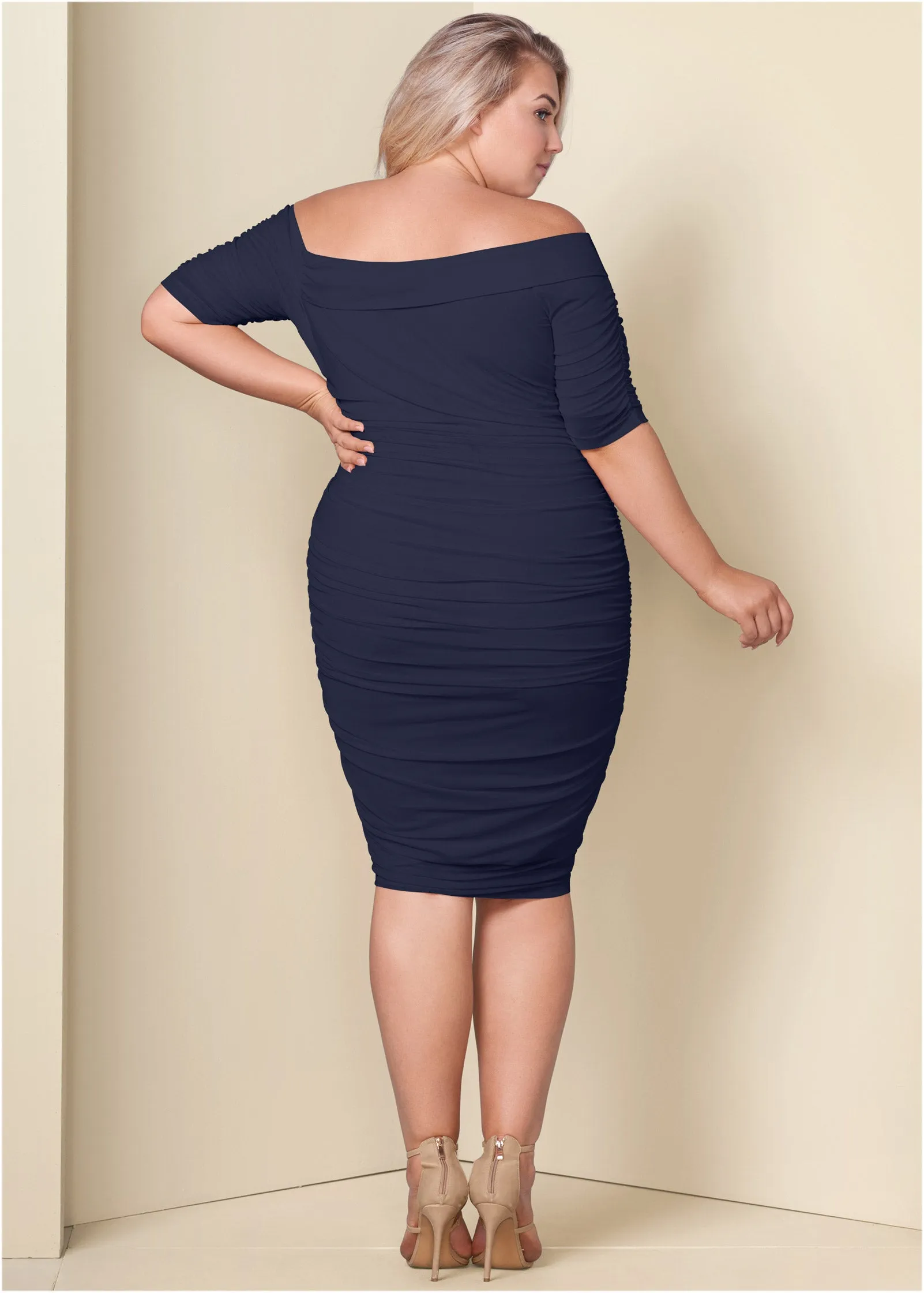 Ruched Mesh Bodycon Dress - Navy