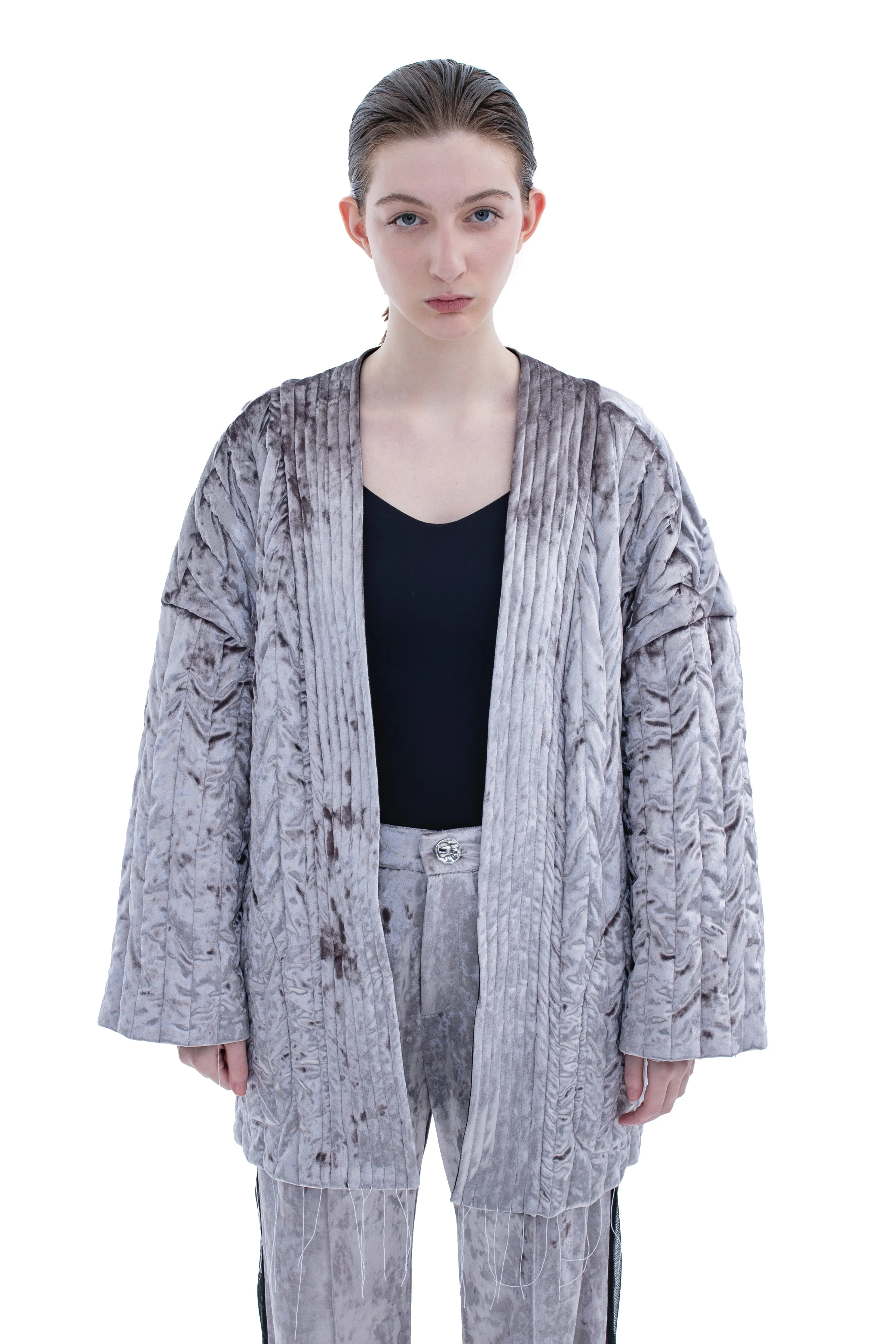 RUN(A)WAY SILVER VELVET PADDED QUILTED KIMONO COAT