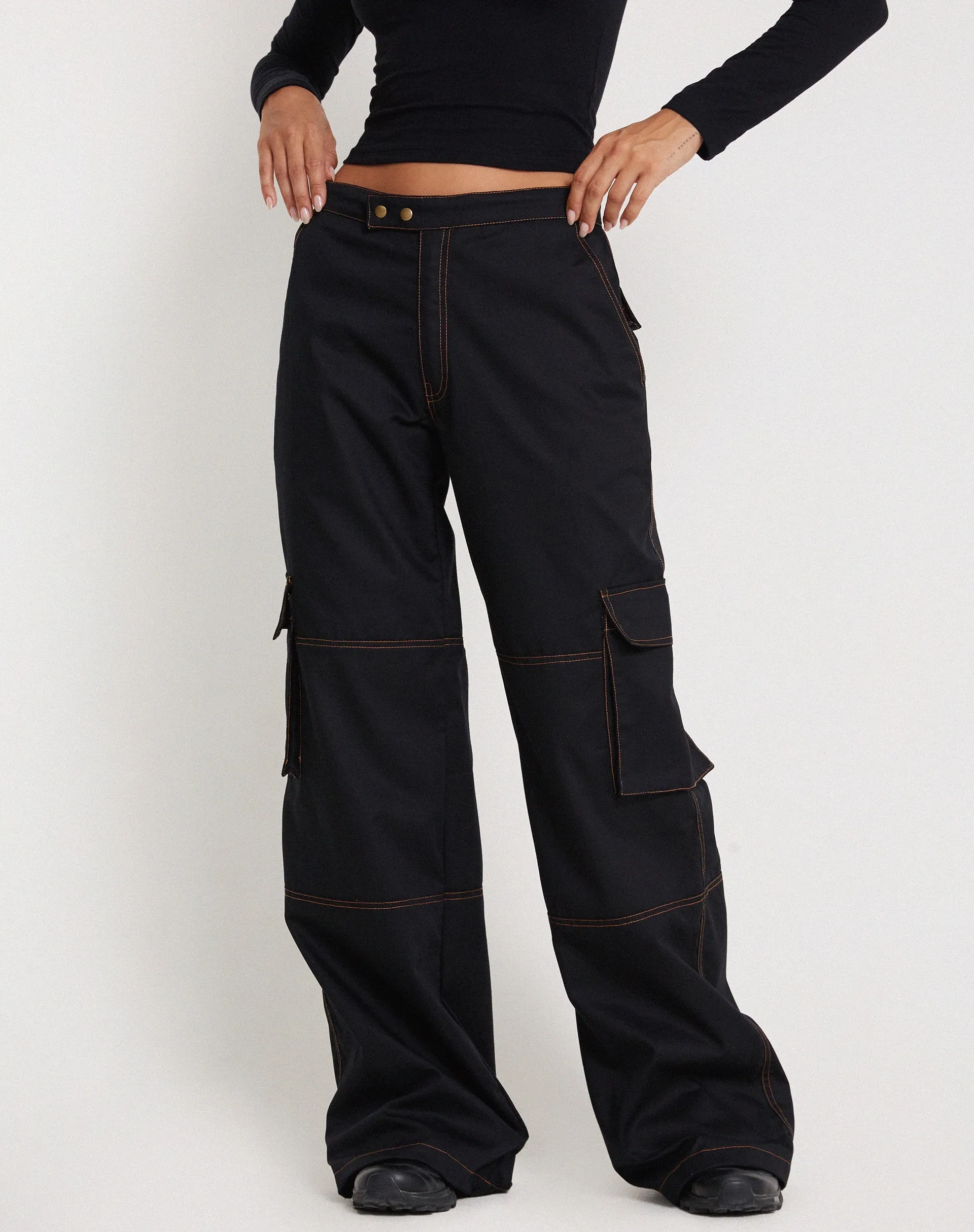 Saul Wide Leg Cargo Trouser in Black with Orange Stitching