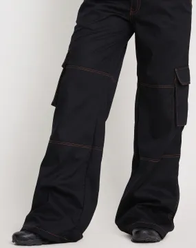 Saul Wide Leg Cargo Trouser in Black with Orange Stitching