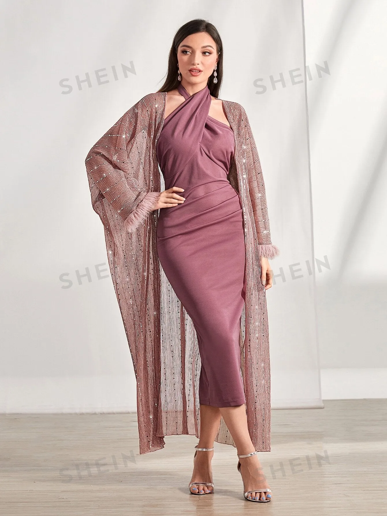 SHEIN Modely Contrast Sequin Fuzzy Cuff Coat & Bodycon Dress