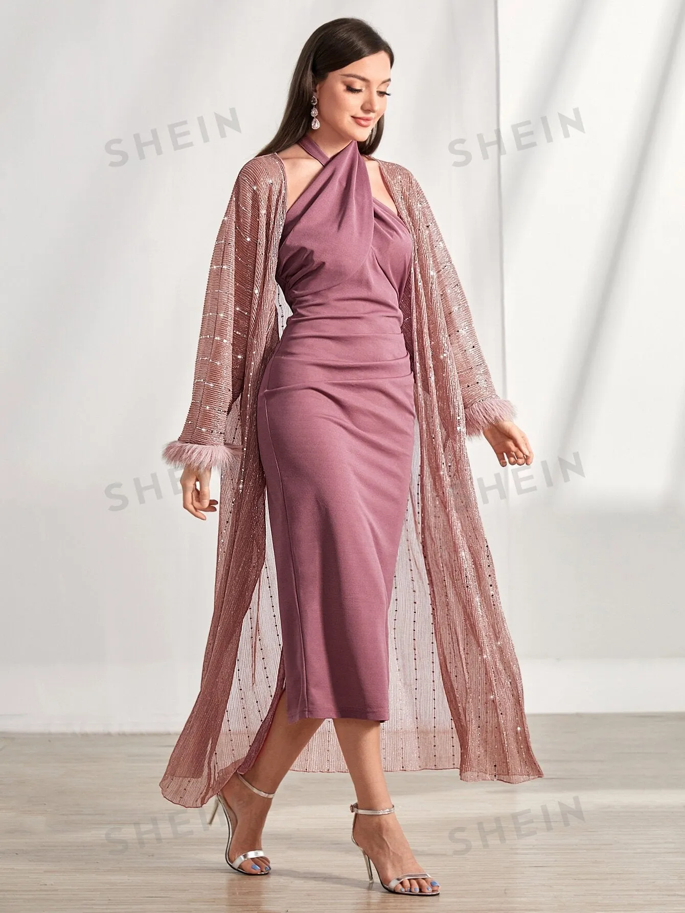 SHEIN Modely Contrast Sequin Fuzzy Cuff Coat & Bodycon Dress