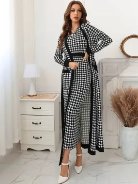 SHEIN Modely Houndstooth Slit Back Bodycon Dress & Patched Pocket Belted Coat