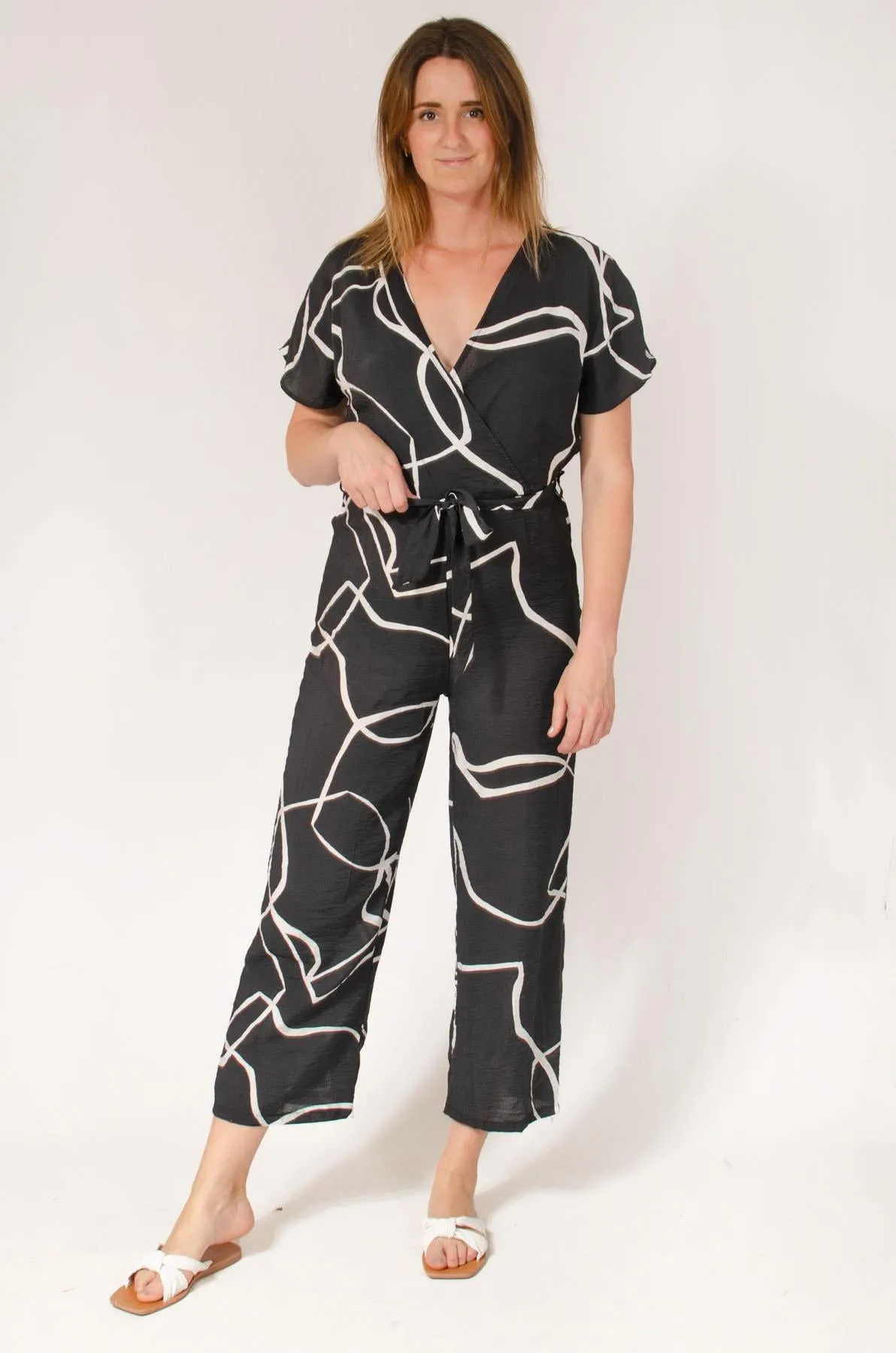 Short Sleeve Tie Waist Jumpsuit