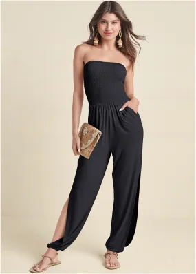 Smocked Side Slit Jumpsuit - Black