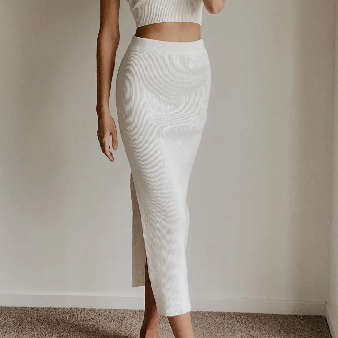 SOFIA White High Waist Bodycon Knit Midi Skirt