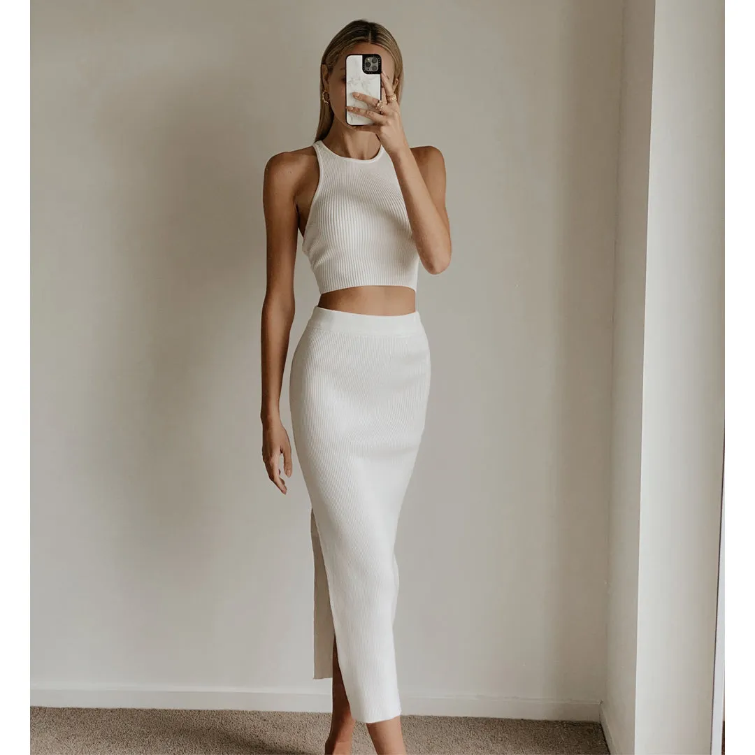 SOFIA White High Waist Bodycon Knit Midi Skirt