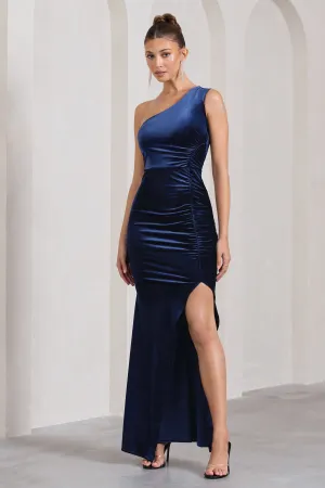 Stargazing | Navy Velvet Asymmetric Split Maxi Dress