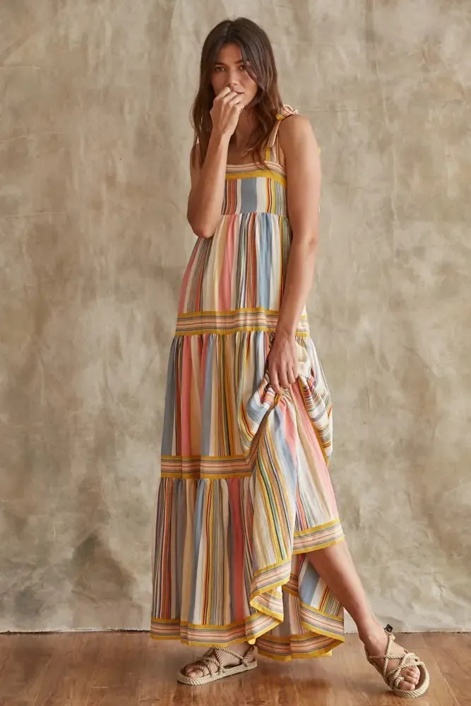 Straight Neck Shoulder Tie Multi Color Stripe Maxi Dress