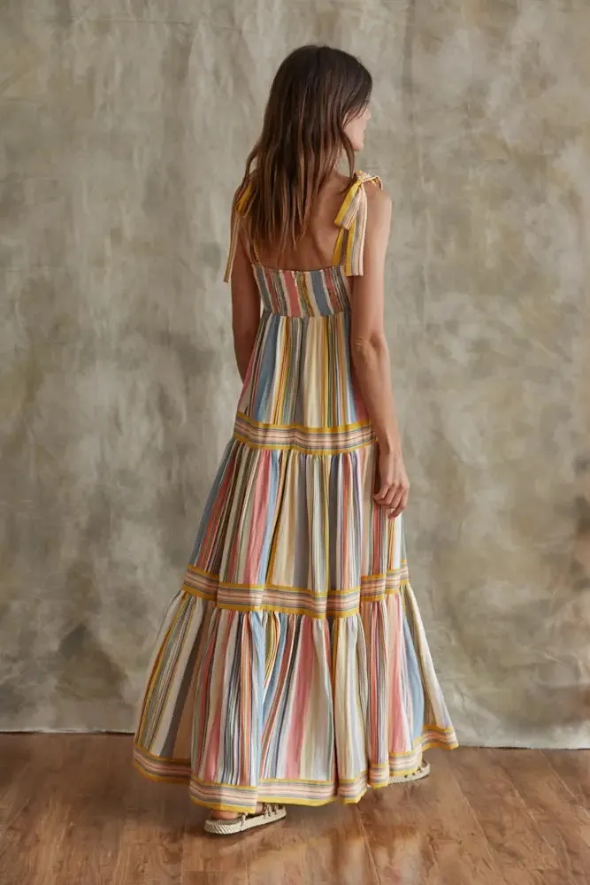 Straight Neck Shoulder Tie Multi Color Stripe Maxi Dress