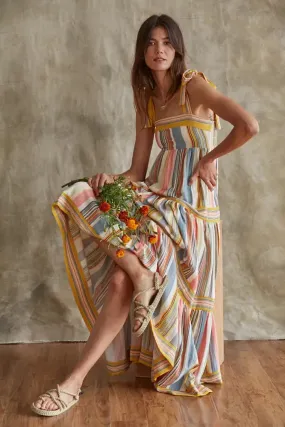 Straight Neck Shoulder Tie Multi Color Stripe Maxi Dress