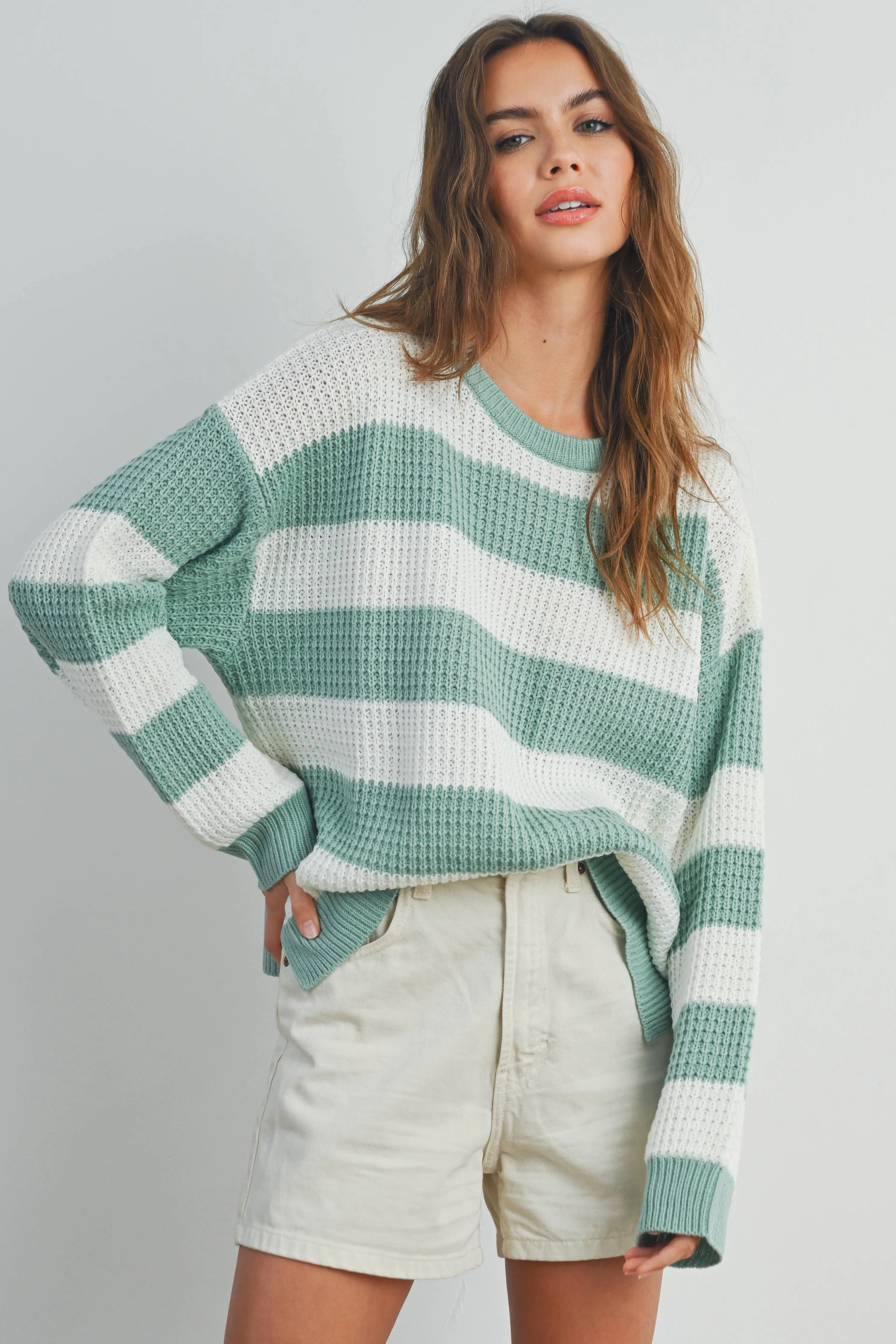 STRIPED ROUND NECK LONG SLEEVE SWEATER