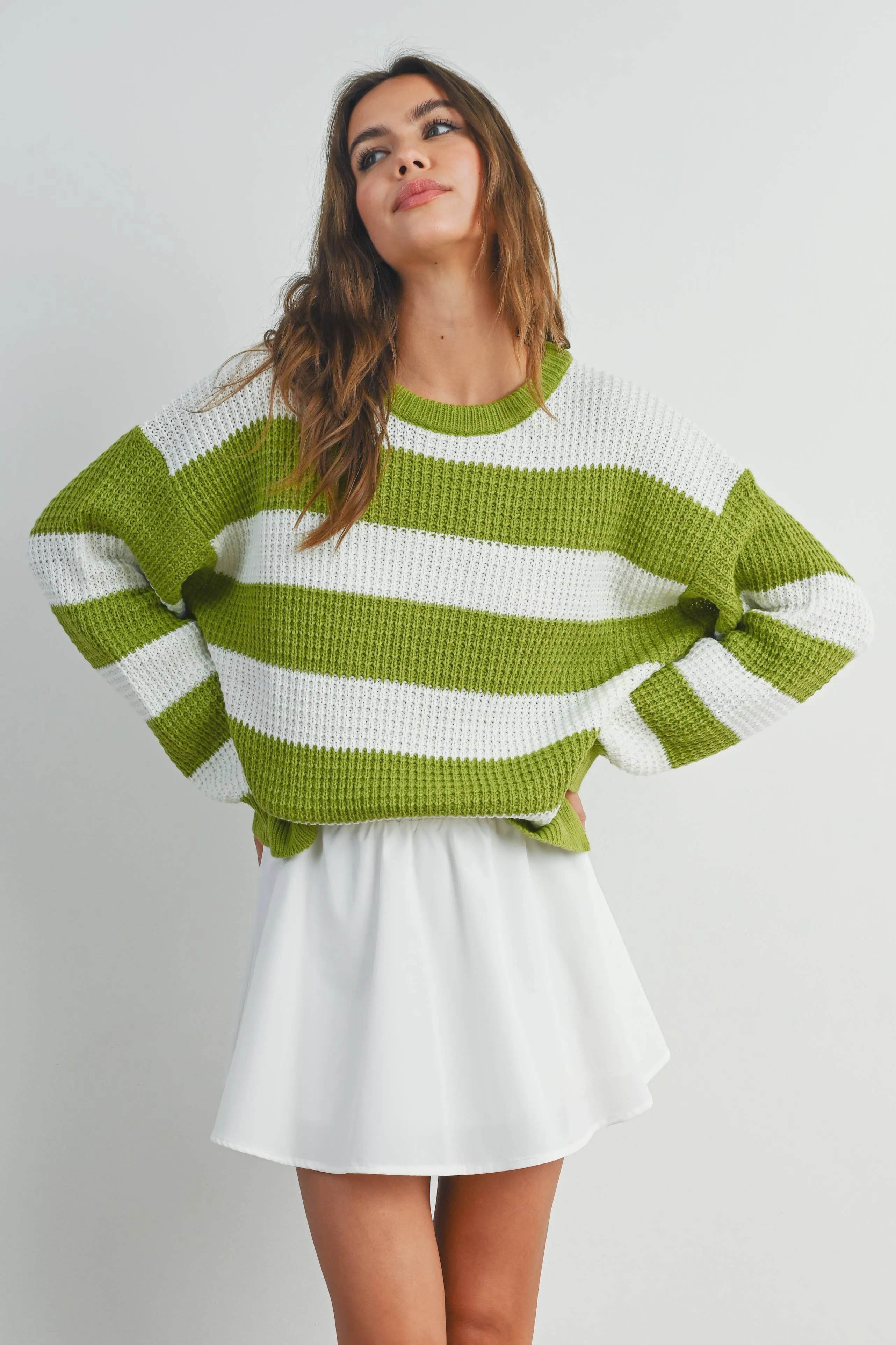 STRIPED ROUND NECK LONG SLEEVE SWEATER